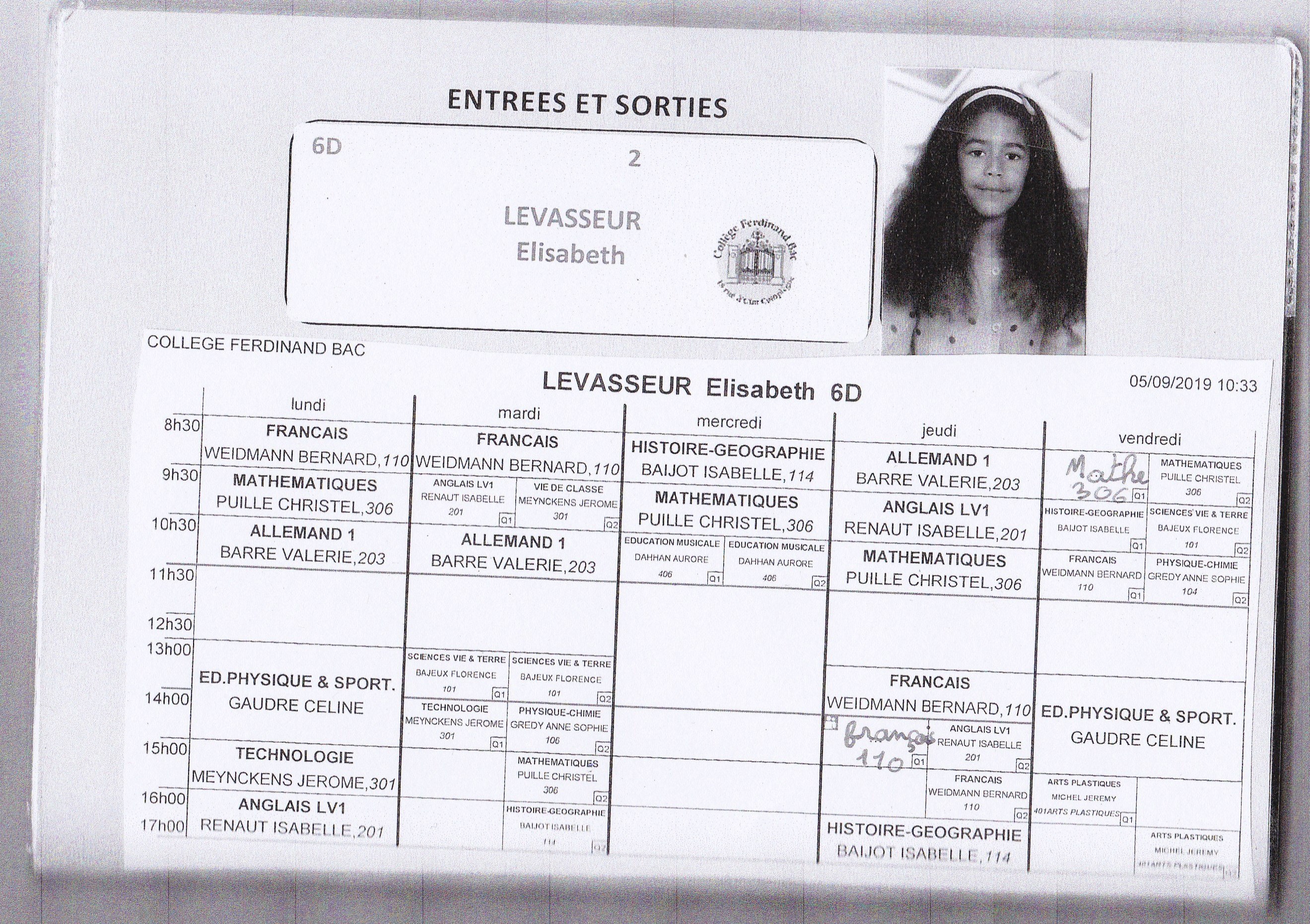 [Emploi du temps d'Elisabeth en 6eme au college]